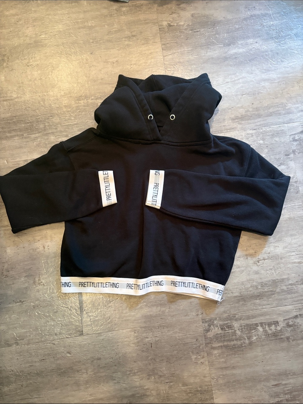 PrettyLittleThing Black Hoodie with White Logo Trim